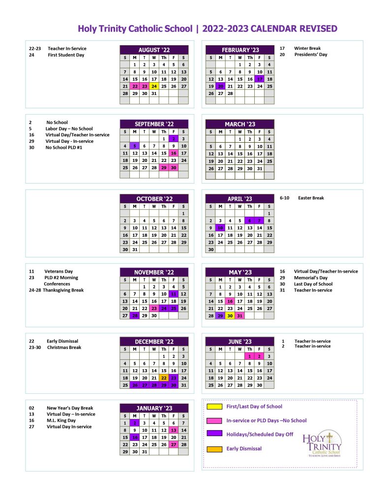 Academic Calendar 2022-2023 – Holy Trinity Catholic School, Altoona PA
