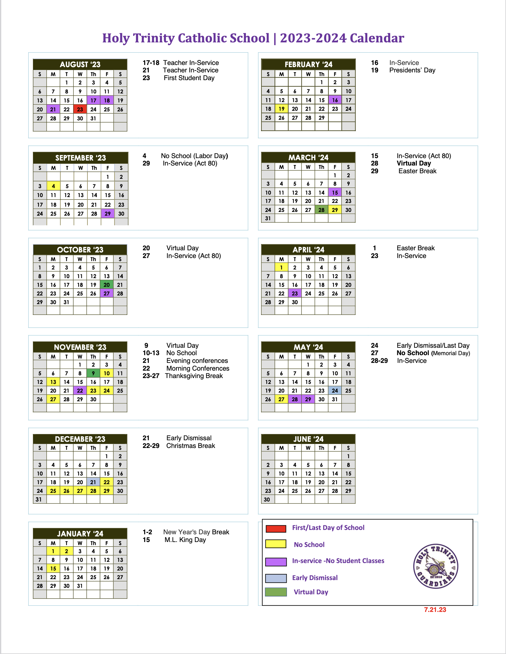 Academic Calendar 2023-2024 – Holy Trinity Catholic School, Altoona PA